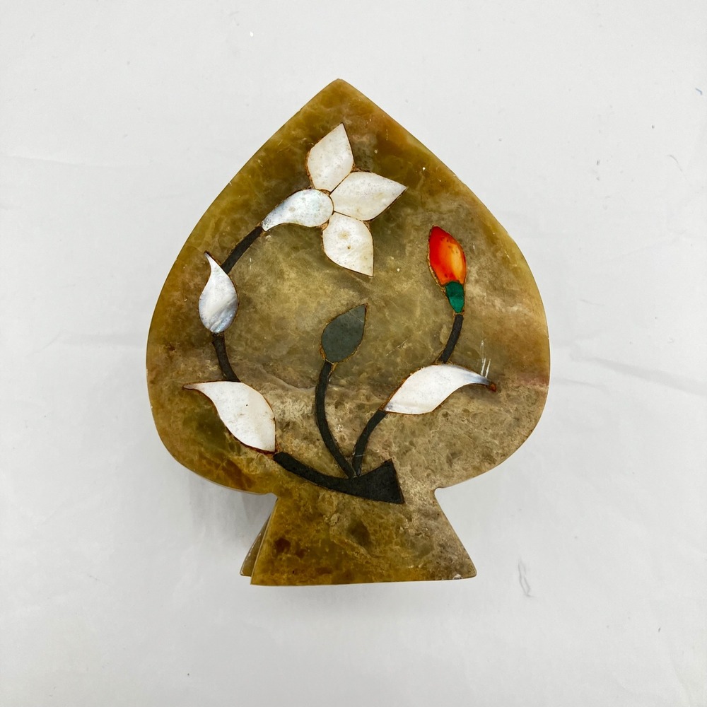 Trinket Box Soapstone Spade Tan Floral Mother of Pearl Inlay Vintage